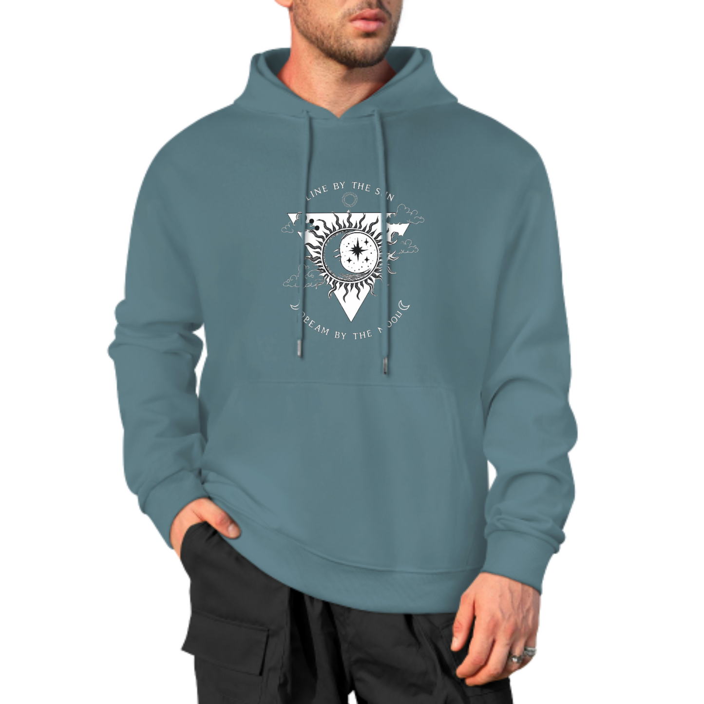 Sun & Moon Graphic Hoodie, Cosmic Balance Sweatshirt, Black Hoodie with Spiritual Design, Unisex Casual Wear, Trendy Hoodie for Dreamers