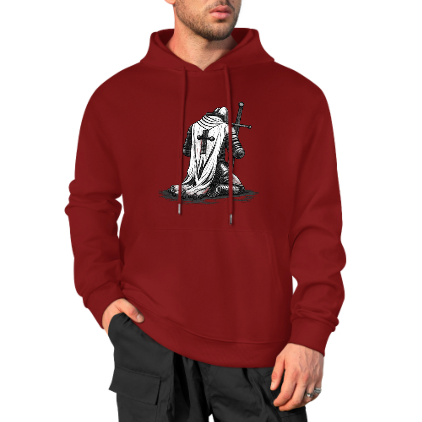 Knight Warrior Graphic Hoodie, Medieval Armor Sweatshirt, Black & White Knight Design, Spiritual Strength Hoodie, Unisex Casual Wear