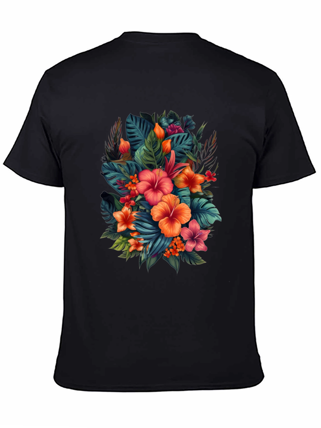Tropical Floral Print Black T-Shirt
