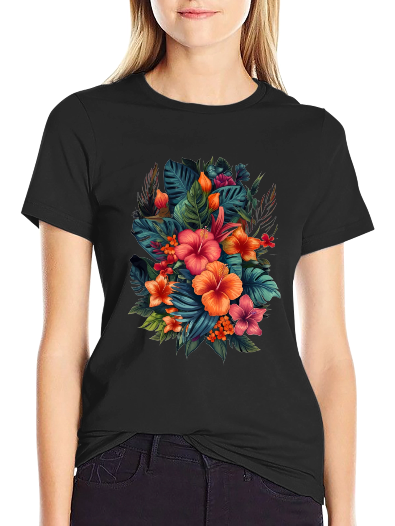 Tropical Floral Print Black T-Shirt