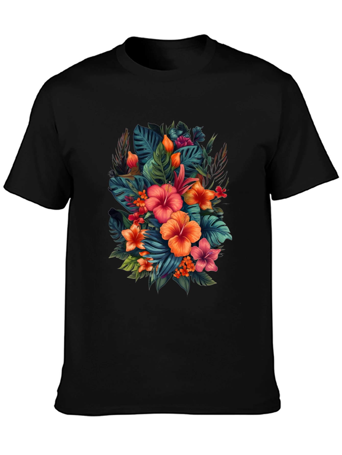 Tropical Floral Print Black T-Shirt