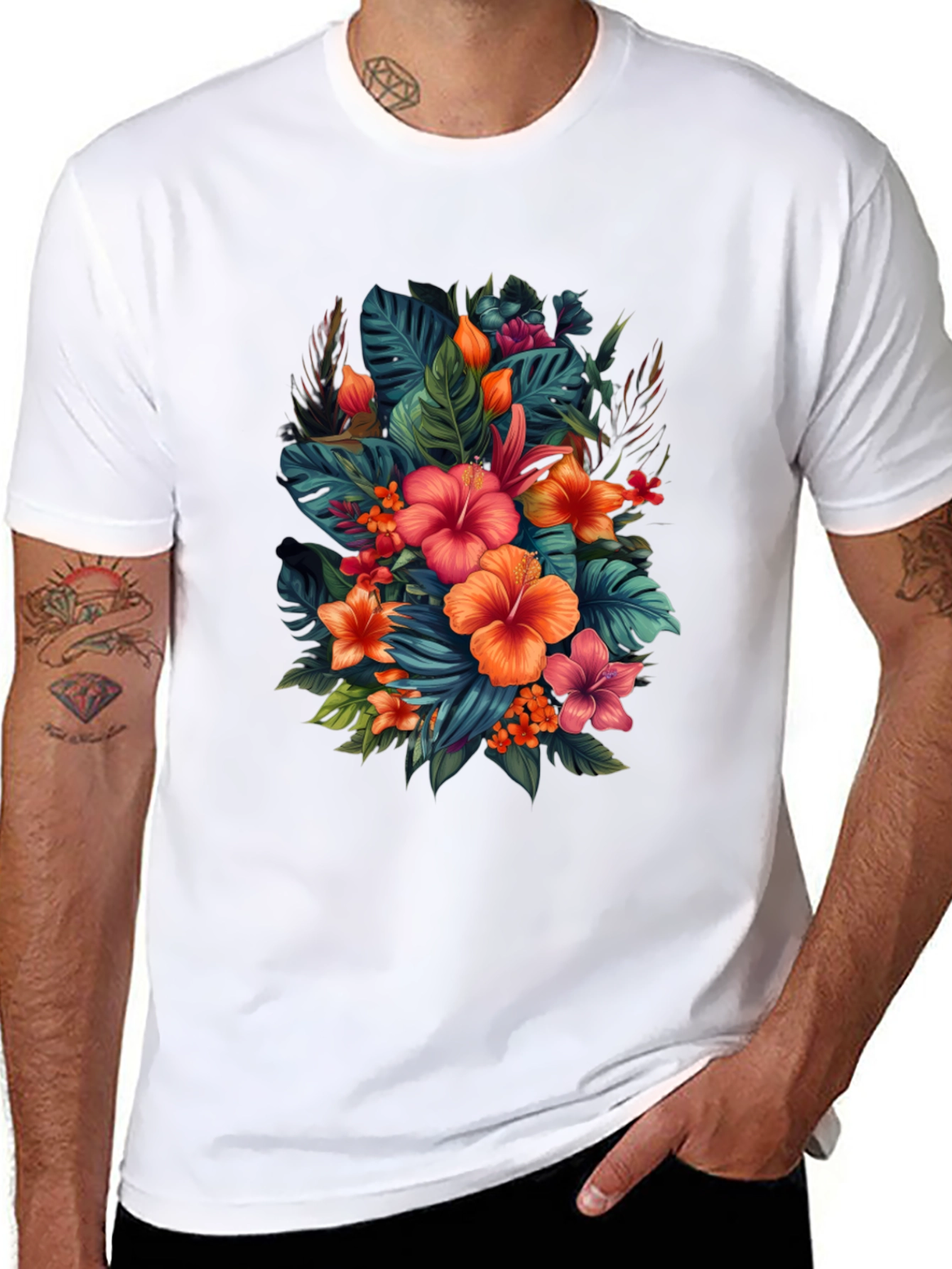 Tropical Floral Print Black T-Shirt