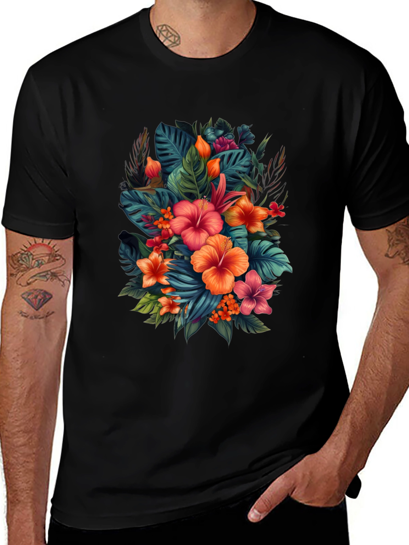 Tropical Floral Print Black T-Shirt