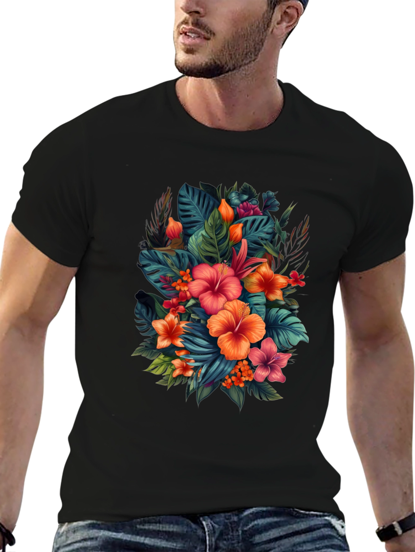 Tropical Floral Print Black T-Shirt