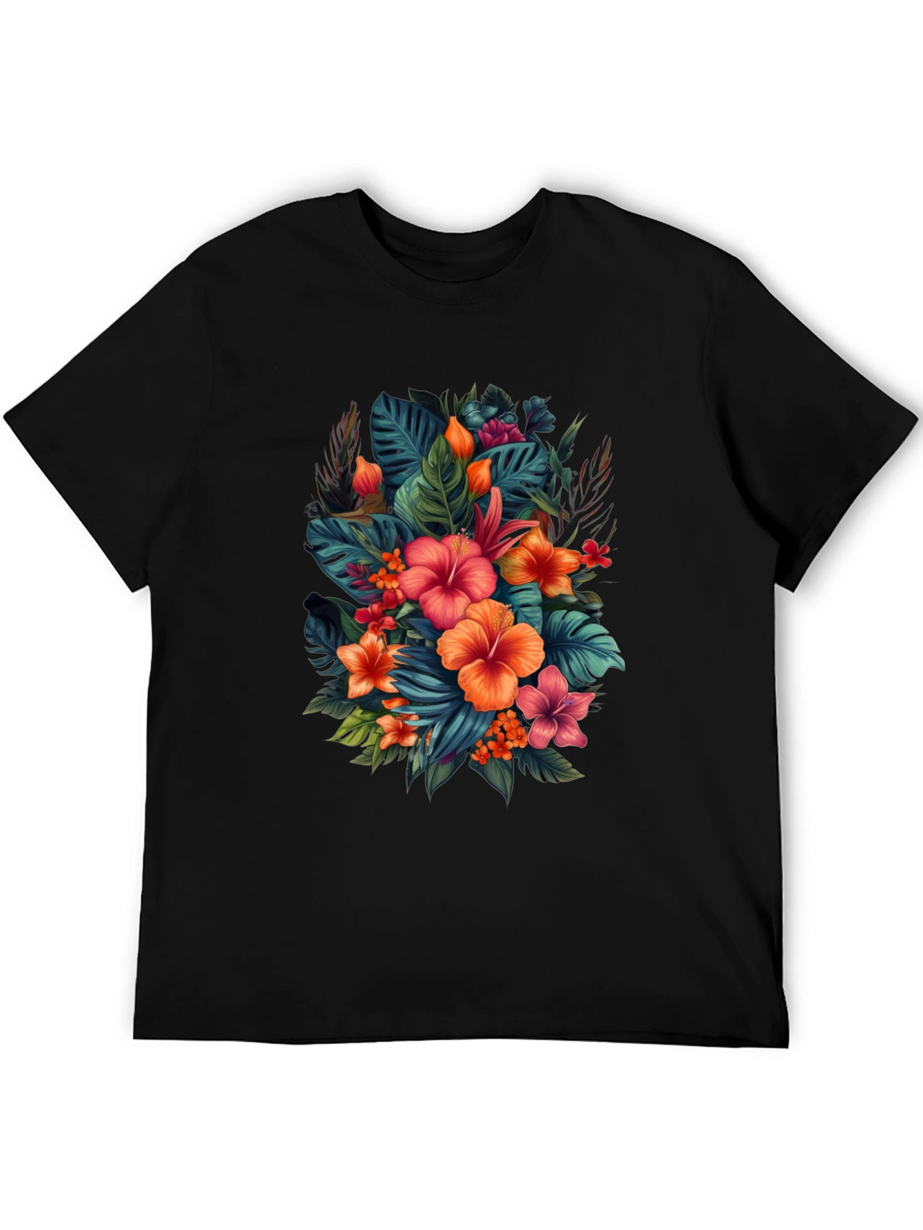 Tropical Floral Print Black T-Shirt