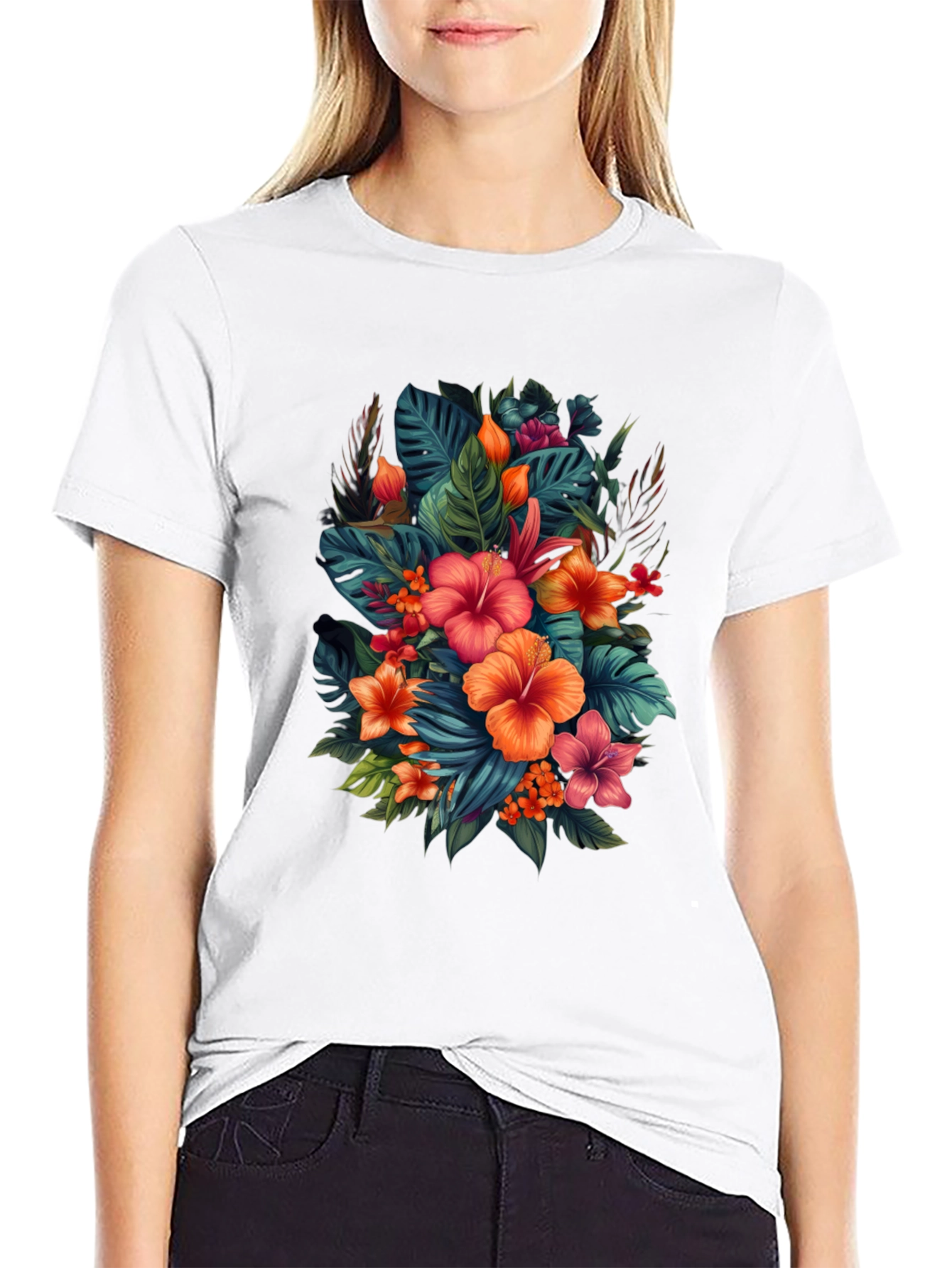 Tropical Floral Print Black T-Shirt