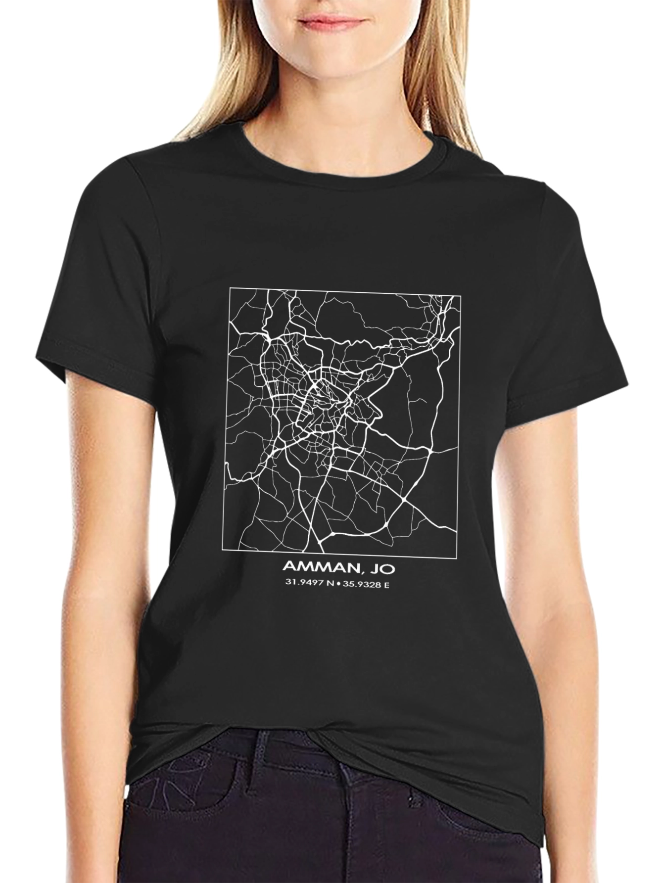 Amman Jordan City Map Black T-Shirt