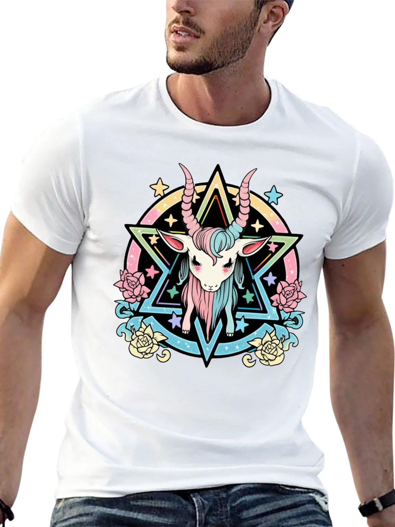 Pastel Baphomet Graphic Tee - Occult Star Design
