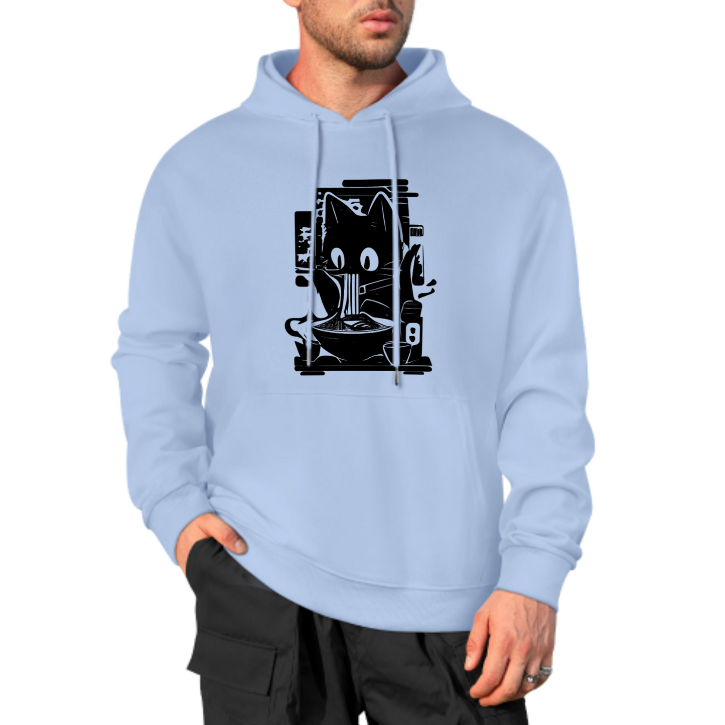 Cute Cat Eating Noodles Hoodie, Fun and Quirky Graphic Sweatshirt, Yellow Hoodie for Cat Lovers, Comfortable & Trendy Casual Wear, Unisex Design