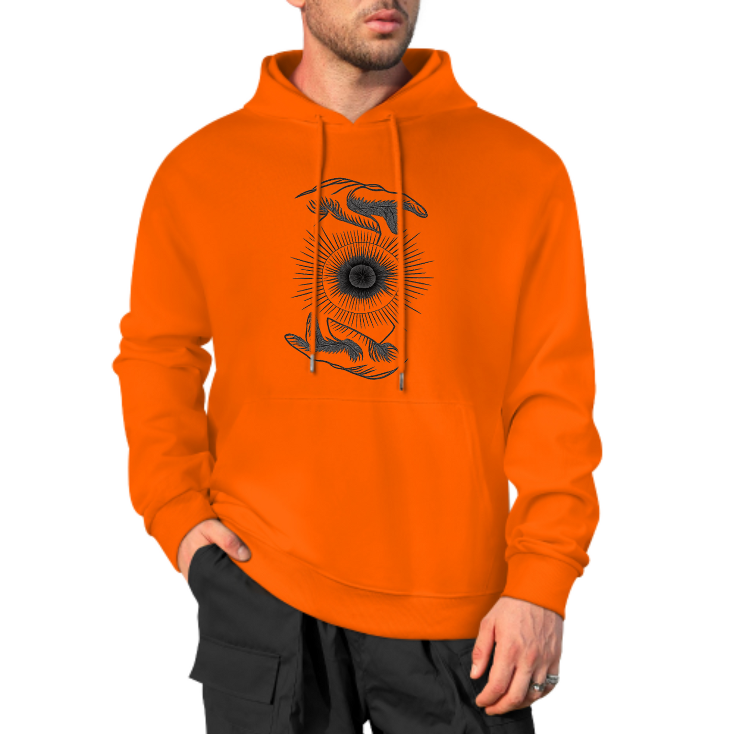 Cosmic Hands Hoodie, Mystical Sun Graphic Sweatshirt, Red Hoodie for Spiritual Vibes, Unisex Casual Wear, Trendy Hoodie with Unique Design