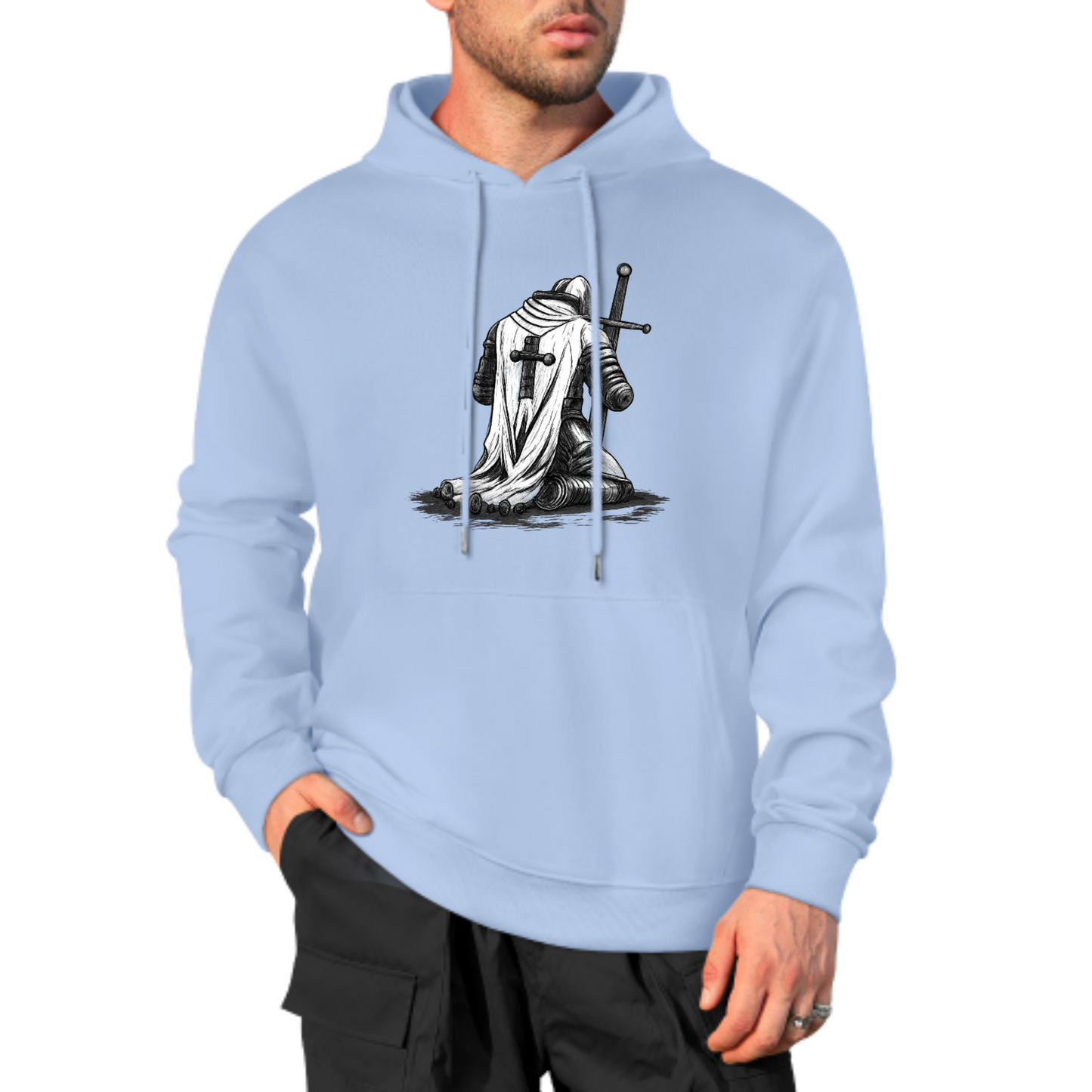 Knight Warrior Graphic Hoodie, Medieval Armor Sweatshirt, Black & White Knight Design, Spiritual Strength Hoodie, Unisex Casual Wear