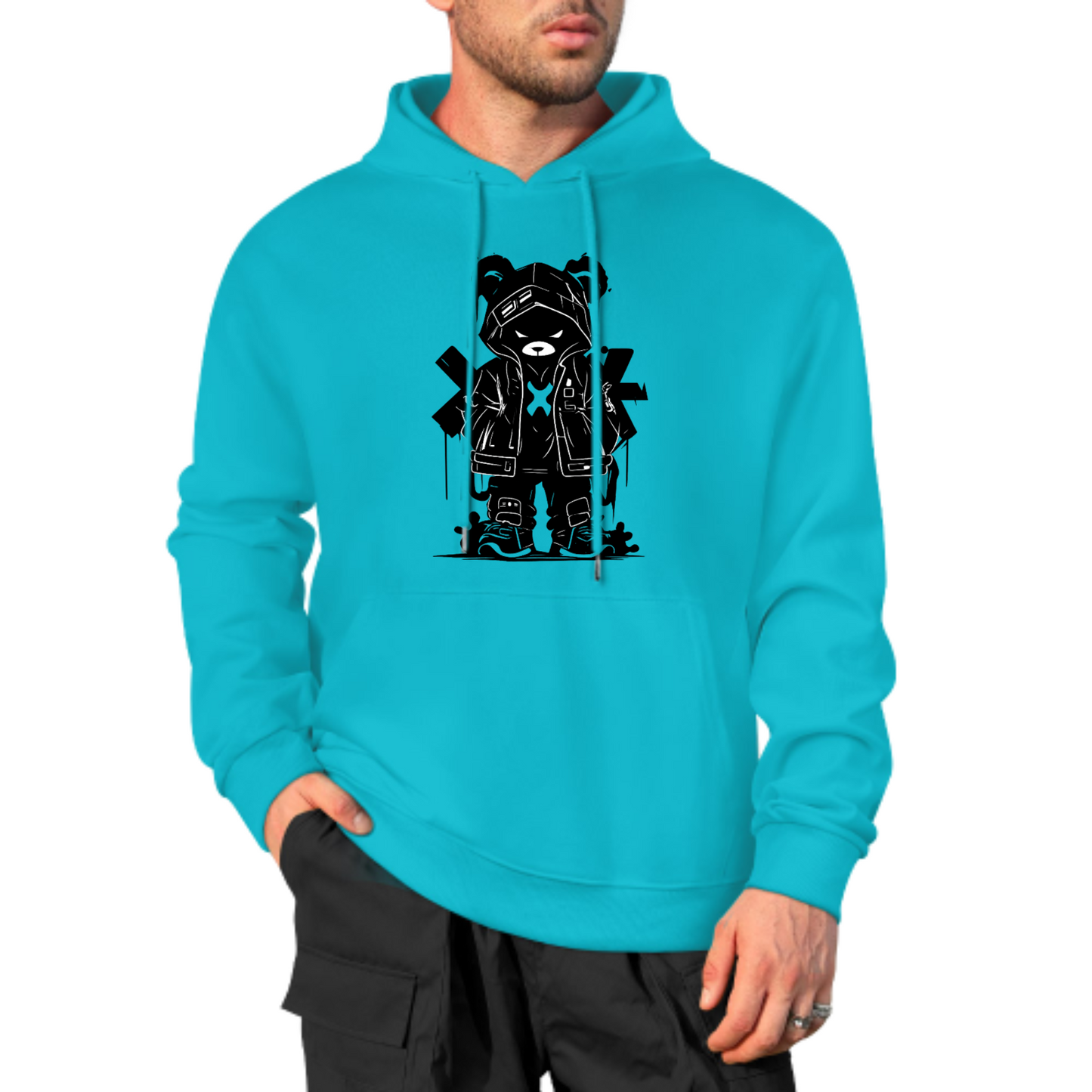 Streetwear Bear Graphic Hoodie, Red Jacket Bear Design Sweatshirt, Trendy Casual Hoodie for Urban Fashion, Unisex Cool Bear Artwork Hoodie