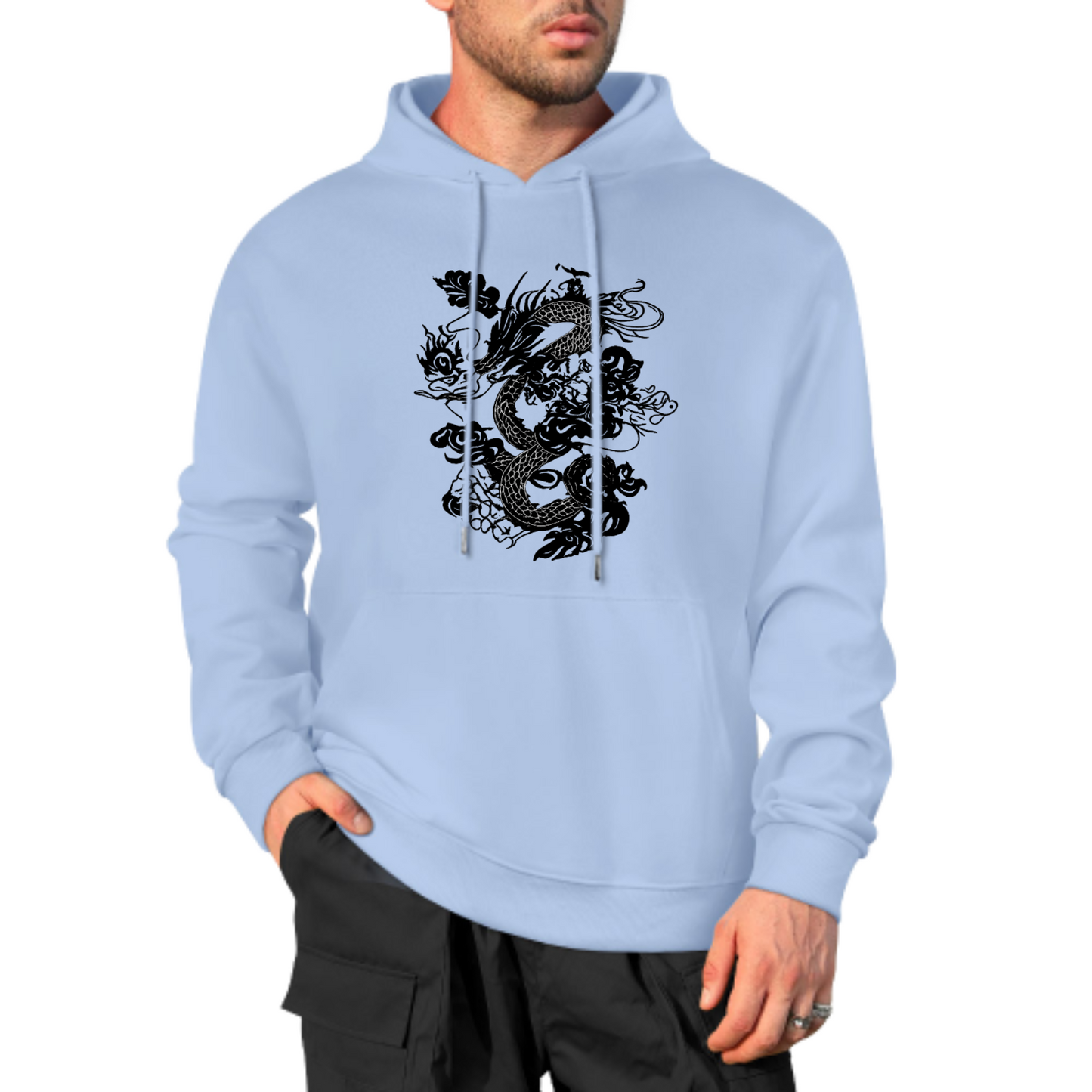 Dragon Graphic Hoodie, Bold Black Ink Dragon Design Sweatshirt, Cream Color Hoodie, Asian-Inspired Artwork, Unisex Casual Wear