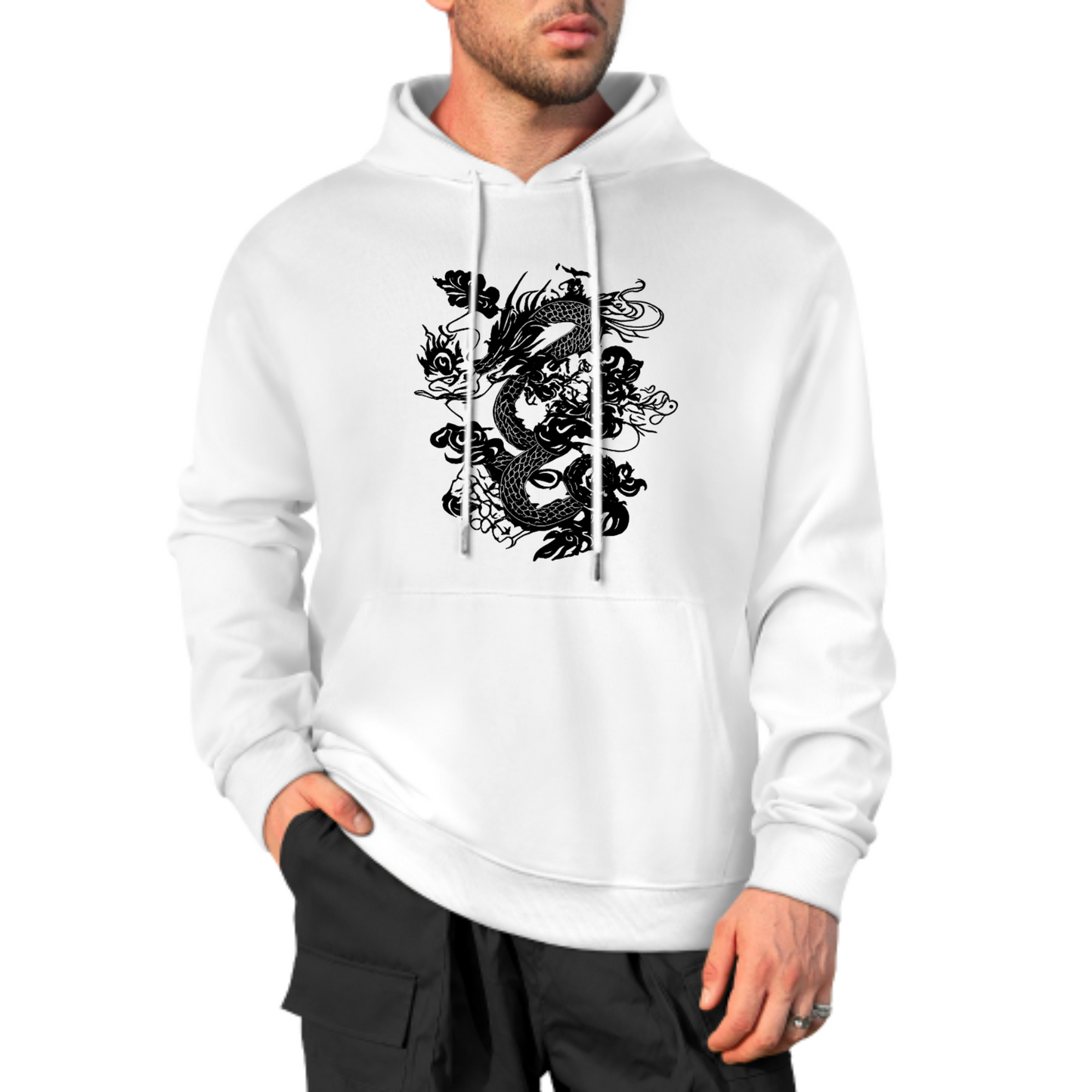 Dragon Graphic Hoodie, Bold Black Ink Dragon Design Sweatshirt, Cream Color Hoodie, Asian-Inspired Artwork, Unisex Casual Wear