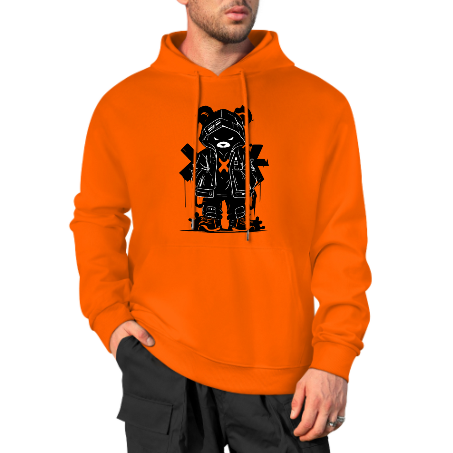 Streetwear Bear Graphic Hoodie, Red Jacket Bear Design Sweatshirt, Trendy Casual Hoodie for Urban Fashion, Unisex Cool Bear Artwork Hoodie