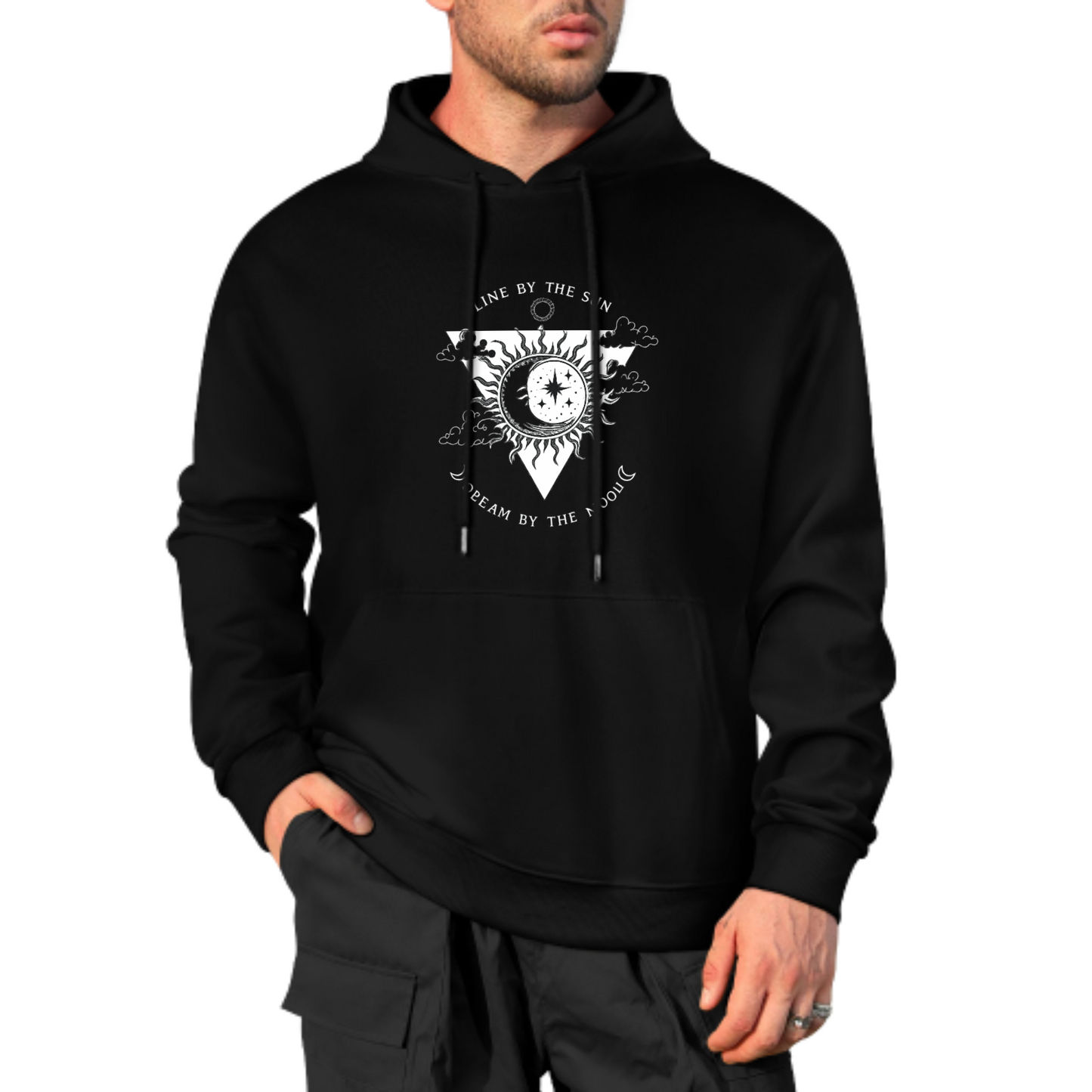 Sun & Moon Graphic Hoodie, Cosmic Balance Sweatshirt, Black Hoodie with Spiritual Design, Unisex Casual Wear, Trendy Hoodie for Dreamers