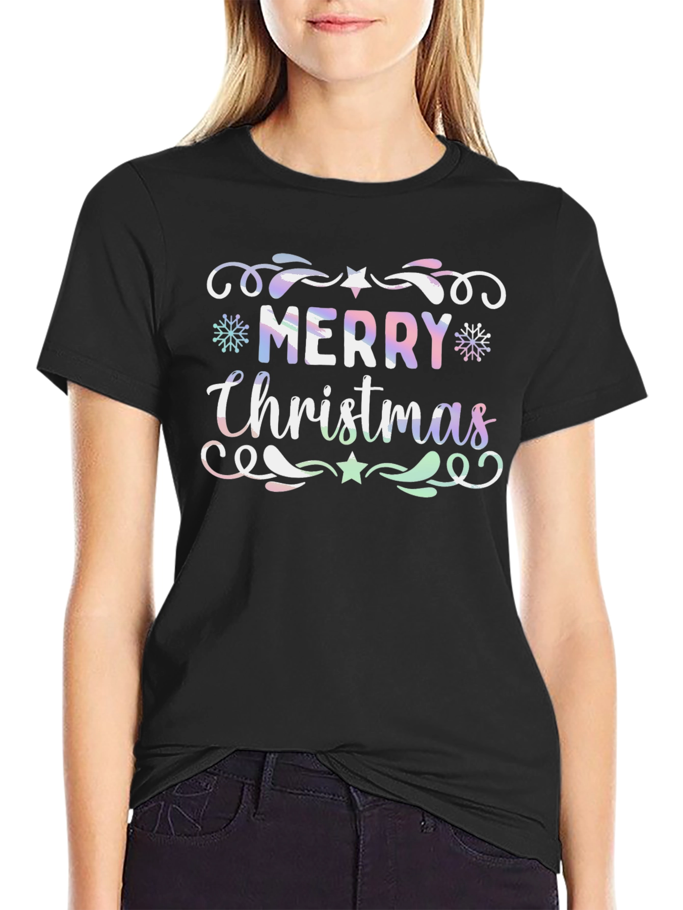 Merry Christmas Graphic Print Crew Neck T-Shirt