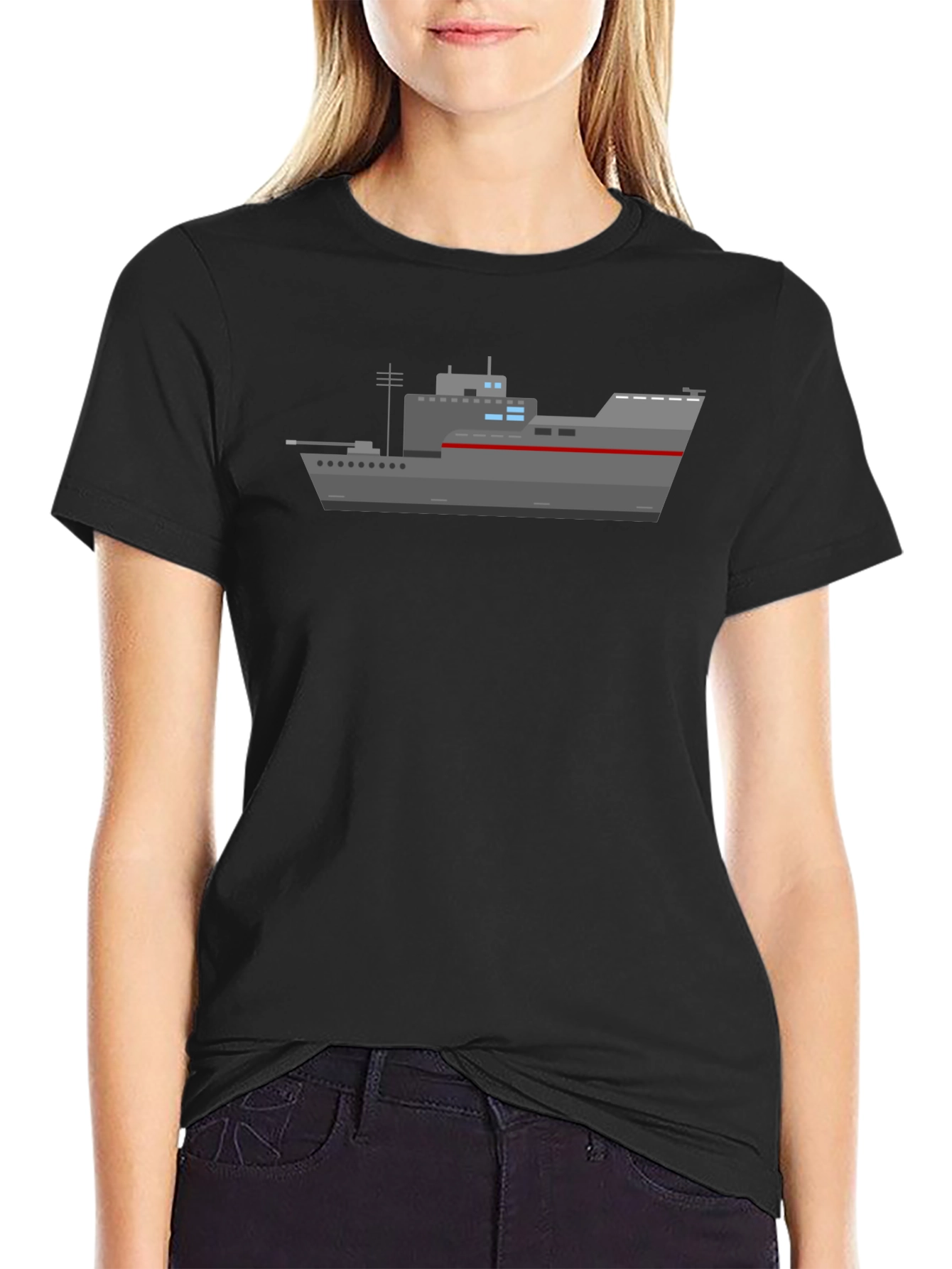 Naval Ship Graphic T-Shirt - Black Crew Neck Tee