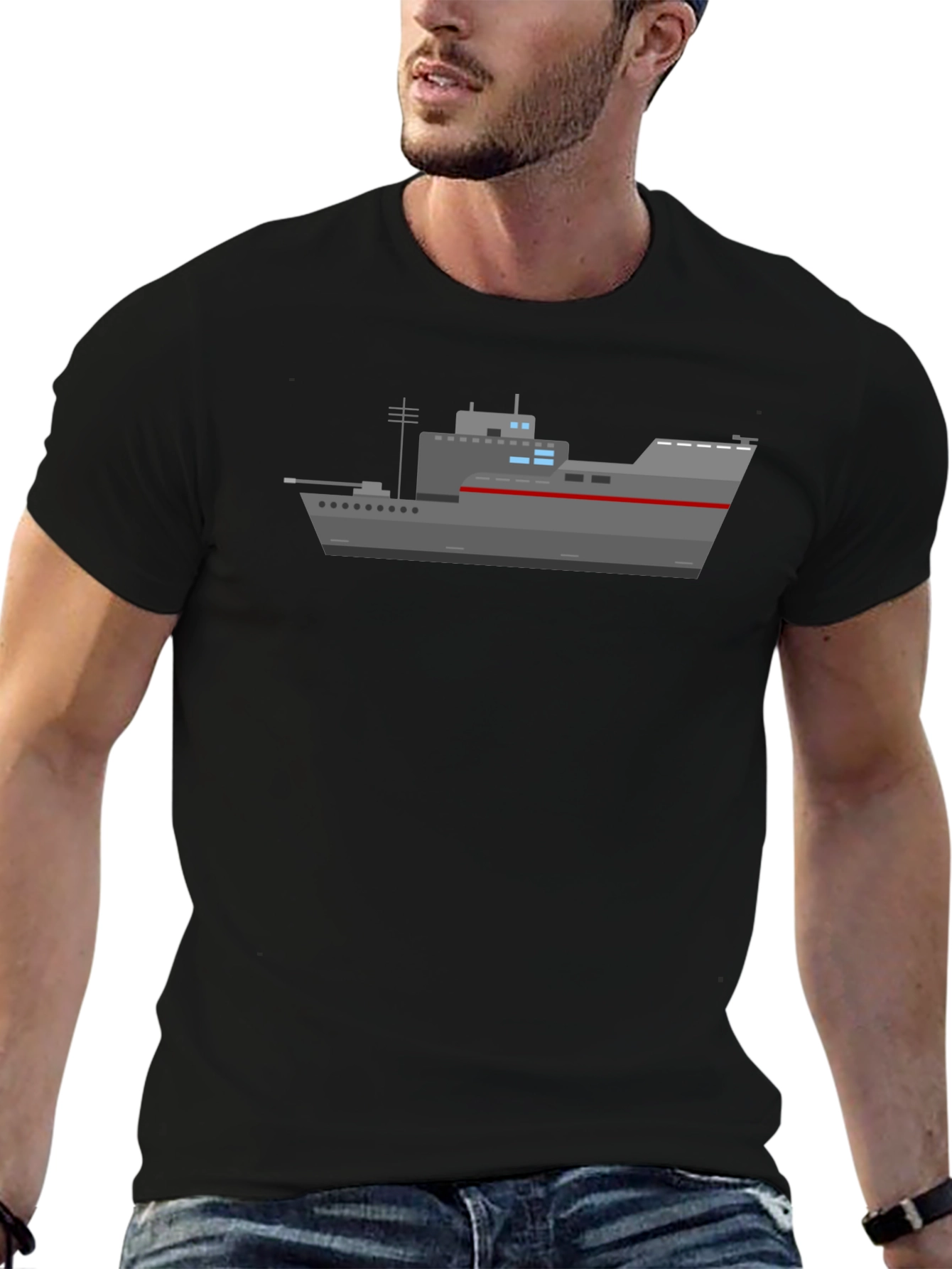 Naval Ship Graphic T-Shirt - Black Crew Neck Tee