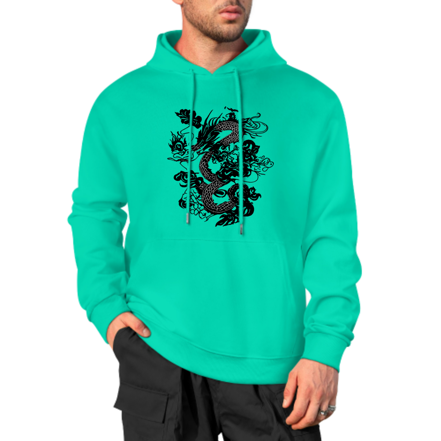 Dragon Graphic Hoodie, Bold Black Ink Dragon Design Sweatshirt, Cream Color Hoodie, Asian-Inspired Artwork, Unisex Casual Wear