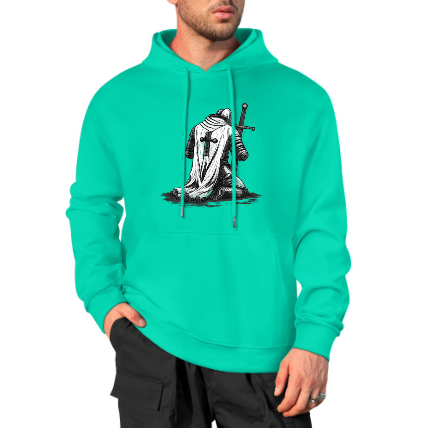 Knight Warrior Graphic Hoodie, Medieval Armor Sweatshirt, Black & White Knight Design, Spiritual Strength Hoodie, Unisex Casual Wear