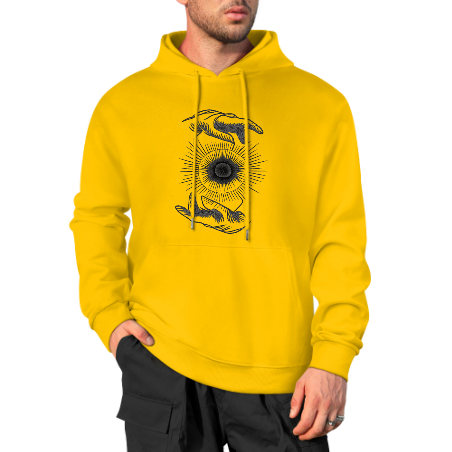 Cosmic Hands Hoodie, Mystical Sun Graphic Sweatshirt, Red Hoodie for Spiritual Vibes, Unisex Casual Wear, Trendy Hoodie with Unique Design