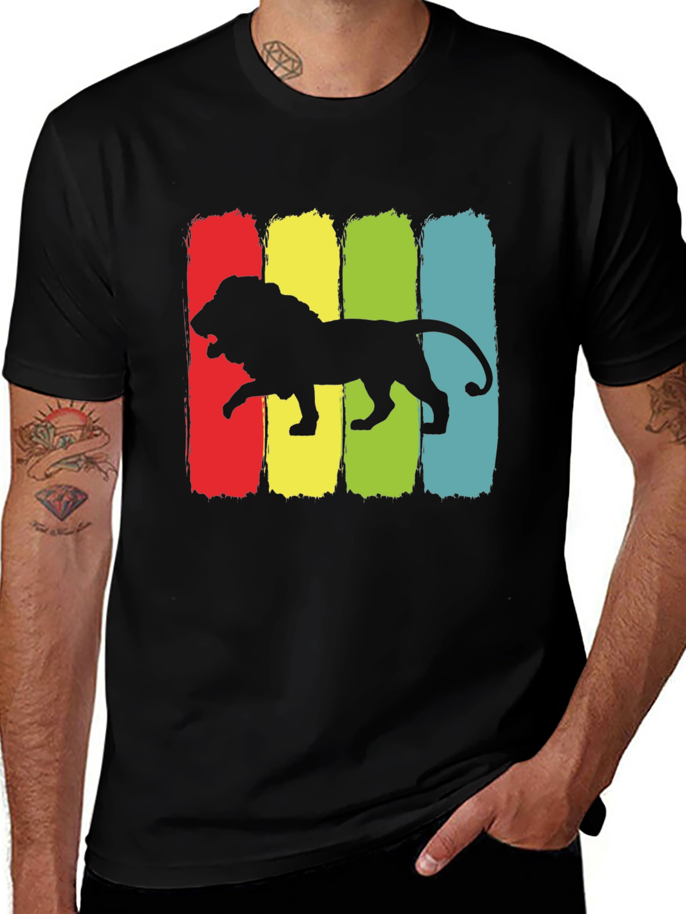 Retro Lion Graphic Tee - Black Cotton T-Shirt