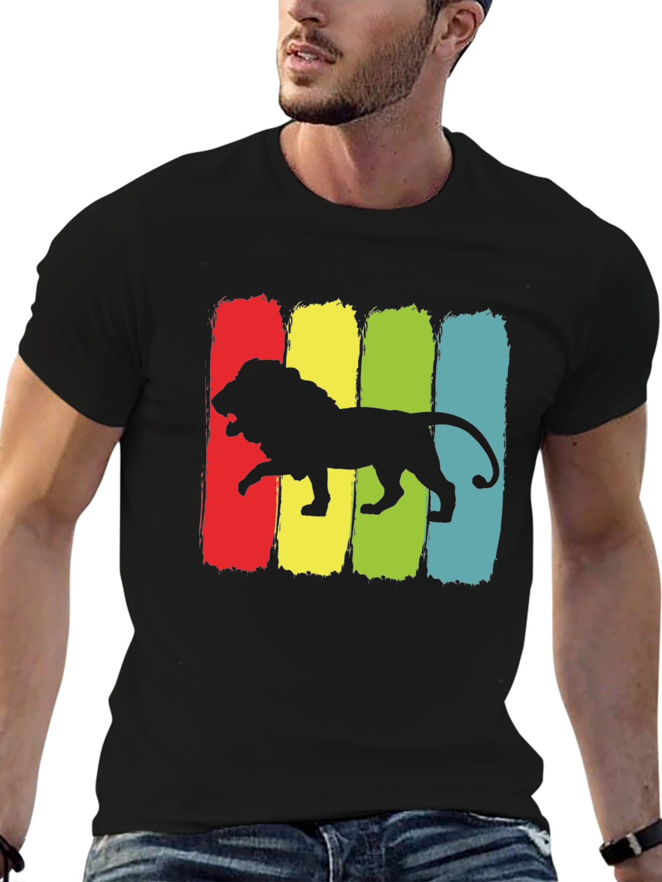 Retro Lion Graphic Tee - Black Cotton T-Shirt