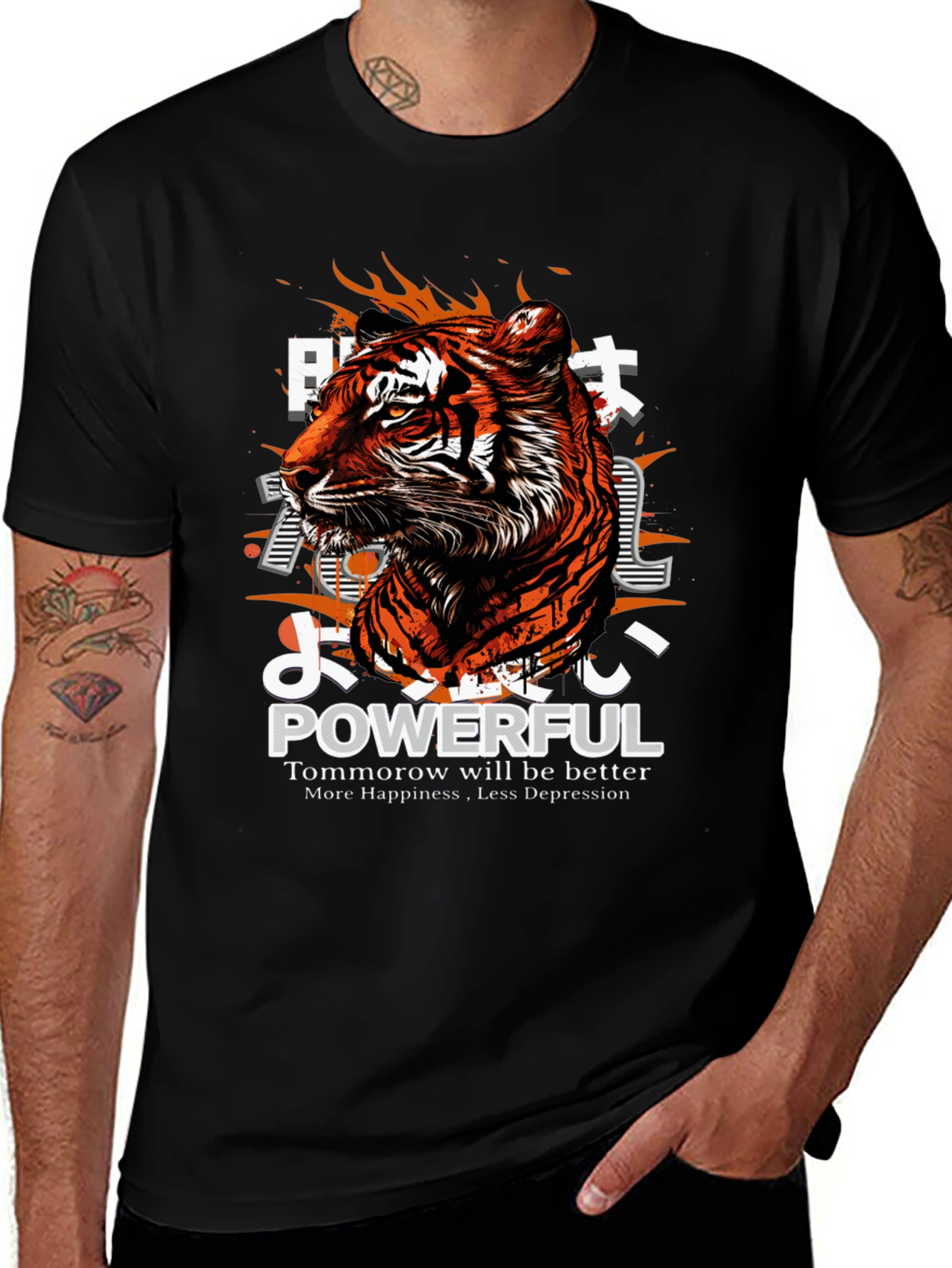 Powerful Tiger Graphic Print Black T-Shirt