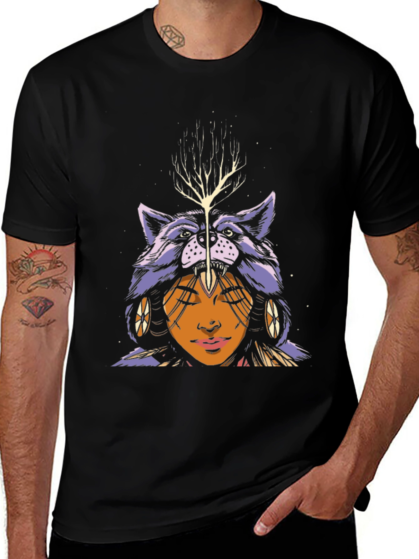 Wolf Headdress Graphic Tee - Unisex Black T-Shirt