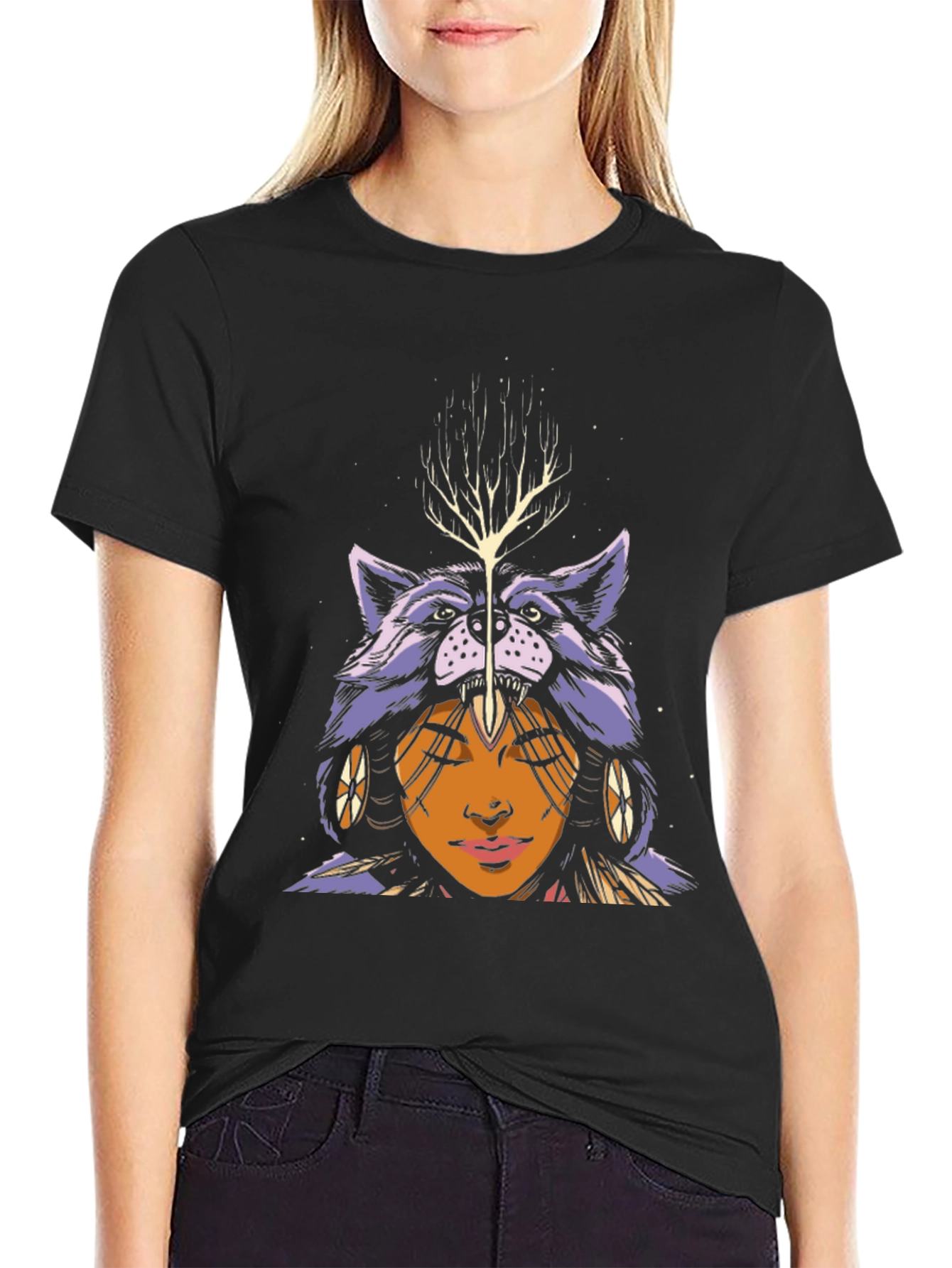 Wolf Headdress Graphic Tee - Unisex Black T-Shirt