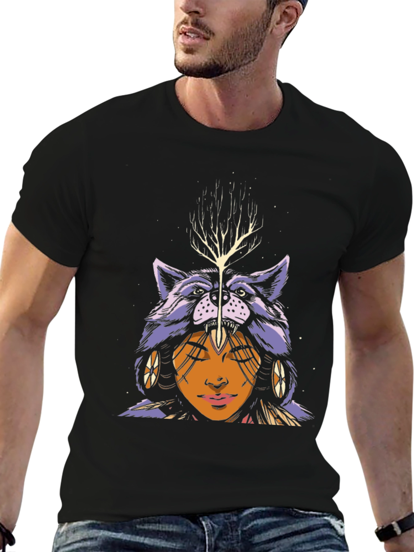 Wolf Headdress Graphic Tee - Unisex Black T-Shirt
