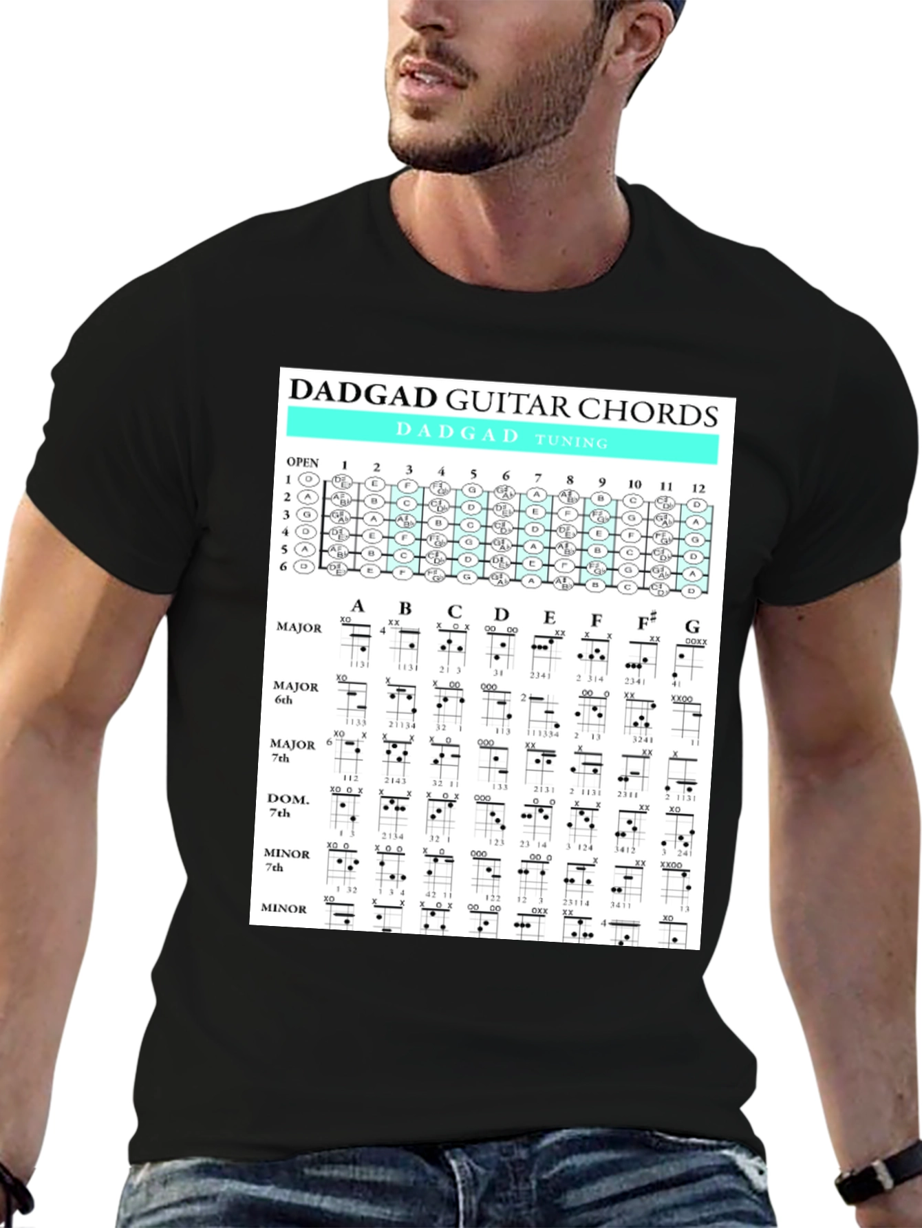 DADGAD Guitar Chords Black T-Shirt