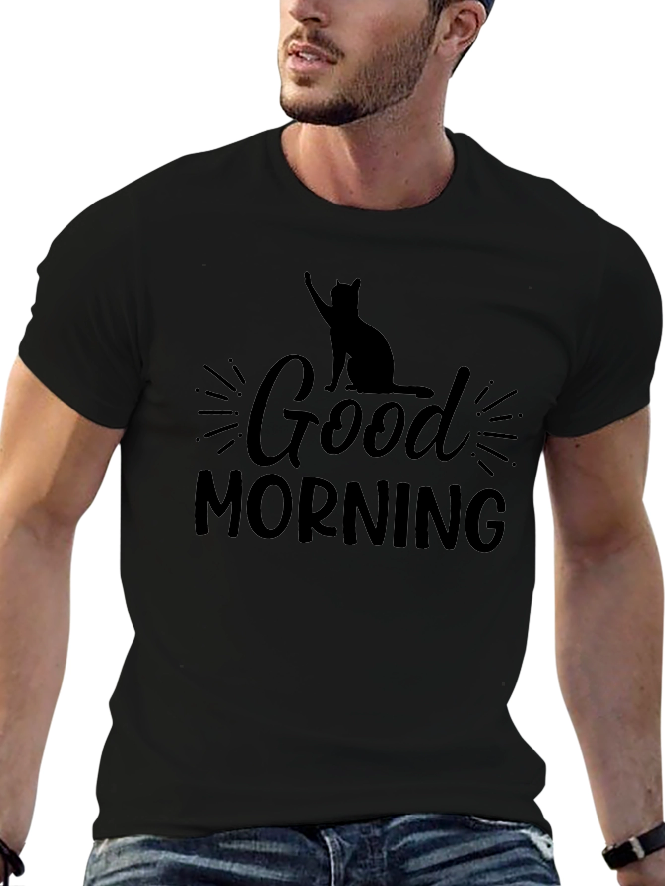 Good Morning Cat Graphic Tee - Black