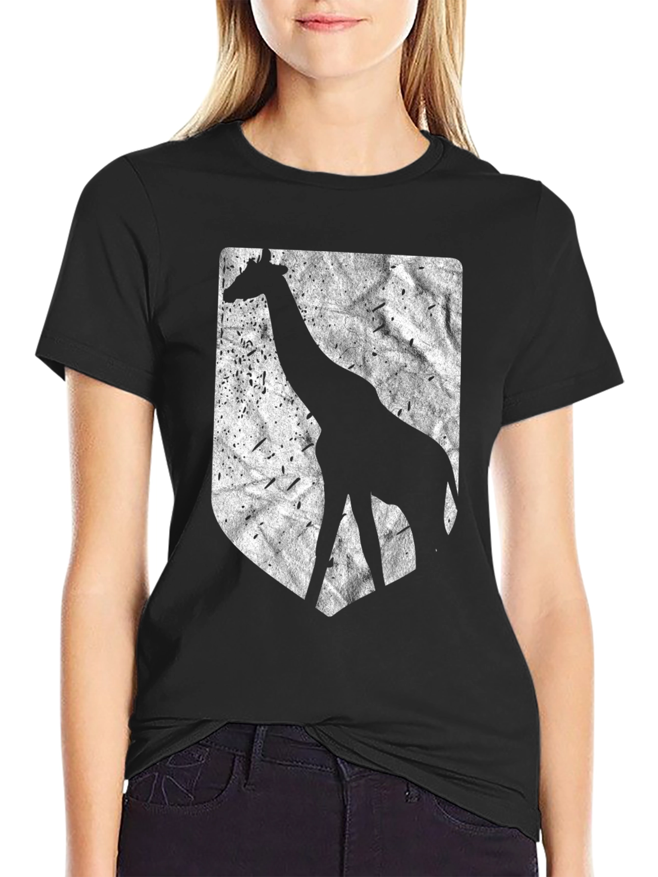 Giraffe Silhouette Graphic Tee - Black Cotton Blend
