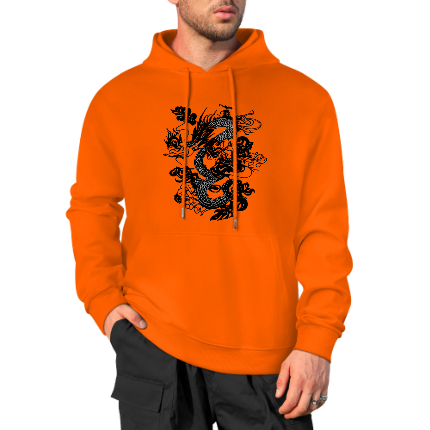 Dragon Graphic Hoodie, Bold Black Ink Dragon Design Sweatshirt, Cream Color Hoodie, Asian-Inspired Artwork, Unisex Casual Wear