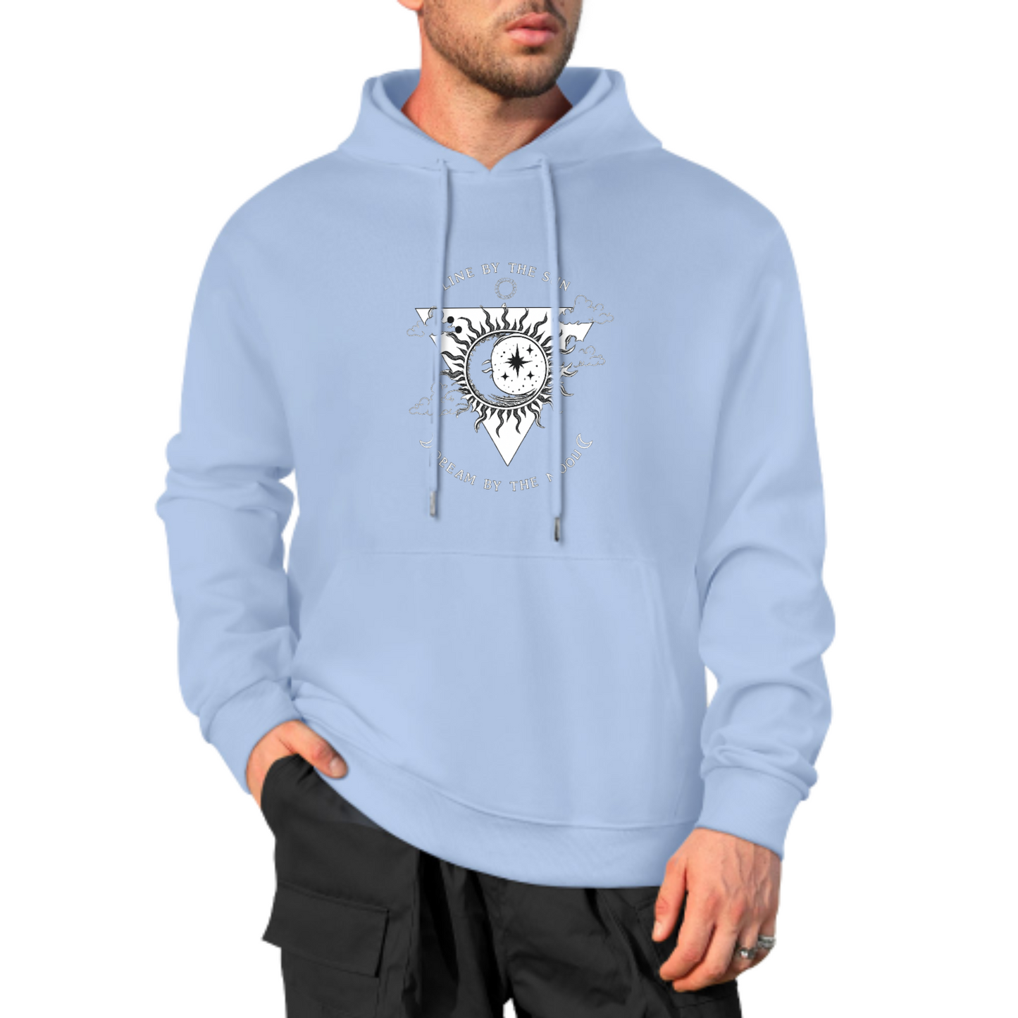 Sun & Moon Graphic Hoodie, Cosmic Balance Sweatshirt, Black Hoodie with Spiritual Design, Unisex Casual Wear, Trendy Hoodie for Dreamers