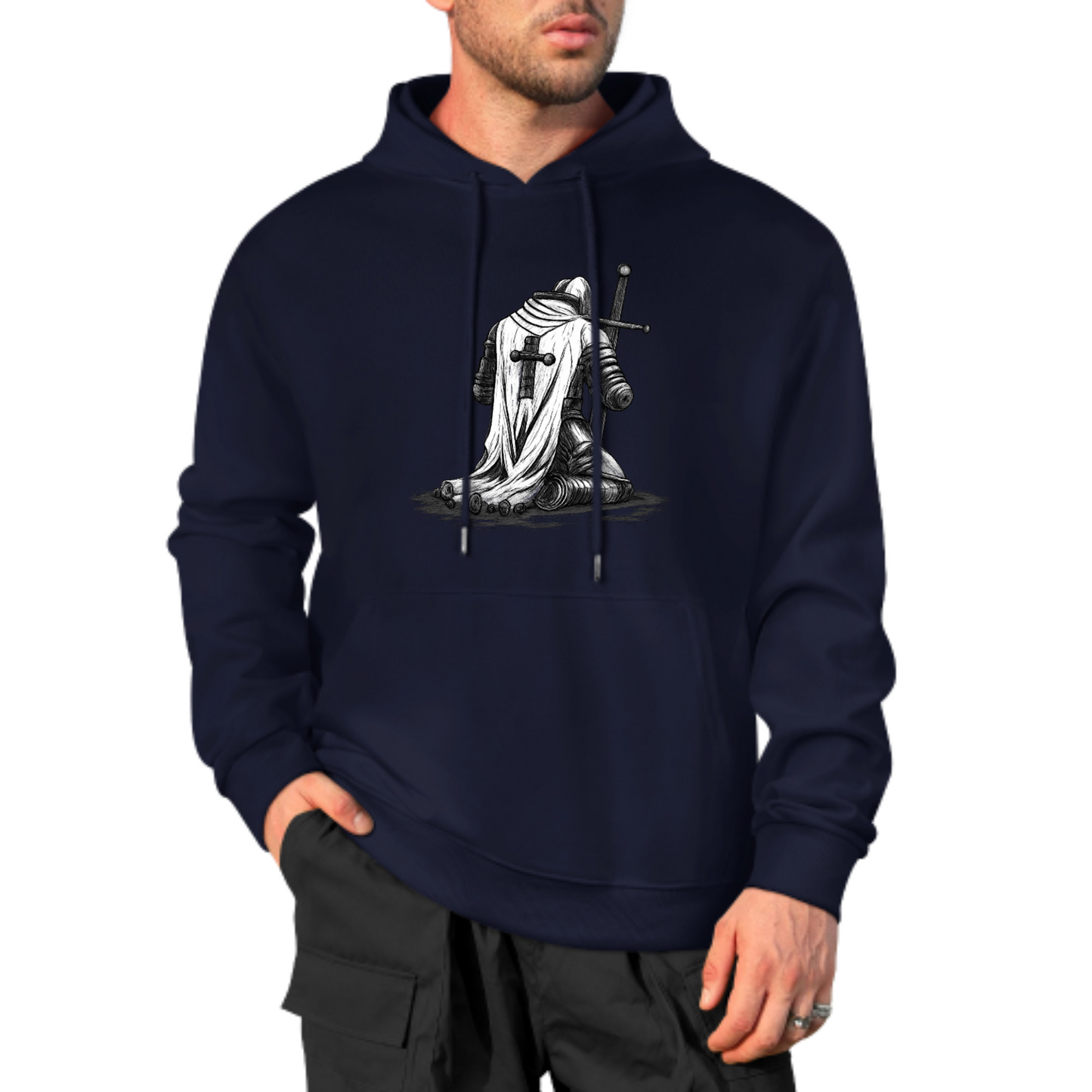 Knight Warrior Graphic Hoodie, Medieval Armor Sweatshirt, Black & White Knight Design, Spiritual Strength Hoodie, Unisex Casual Wear