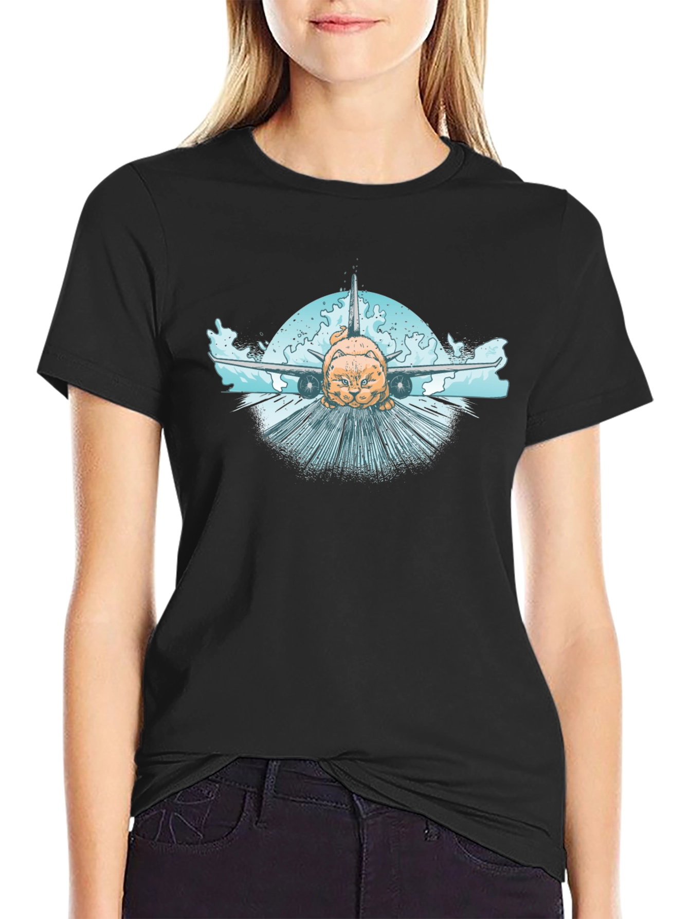 Cat Plane Black T-Shirt
