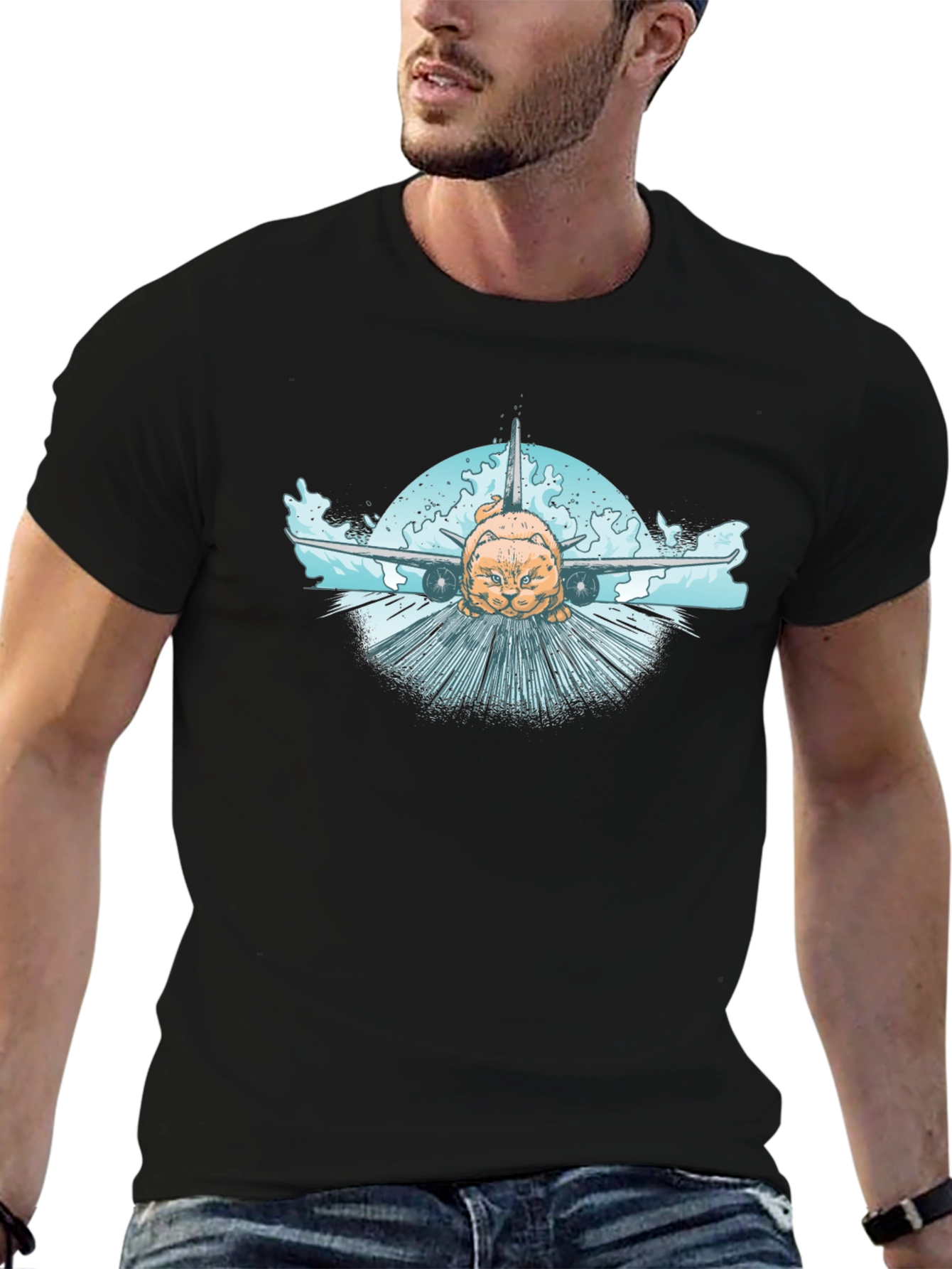 Cat Plane Black T-Shirt