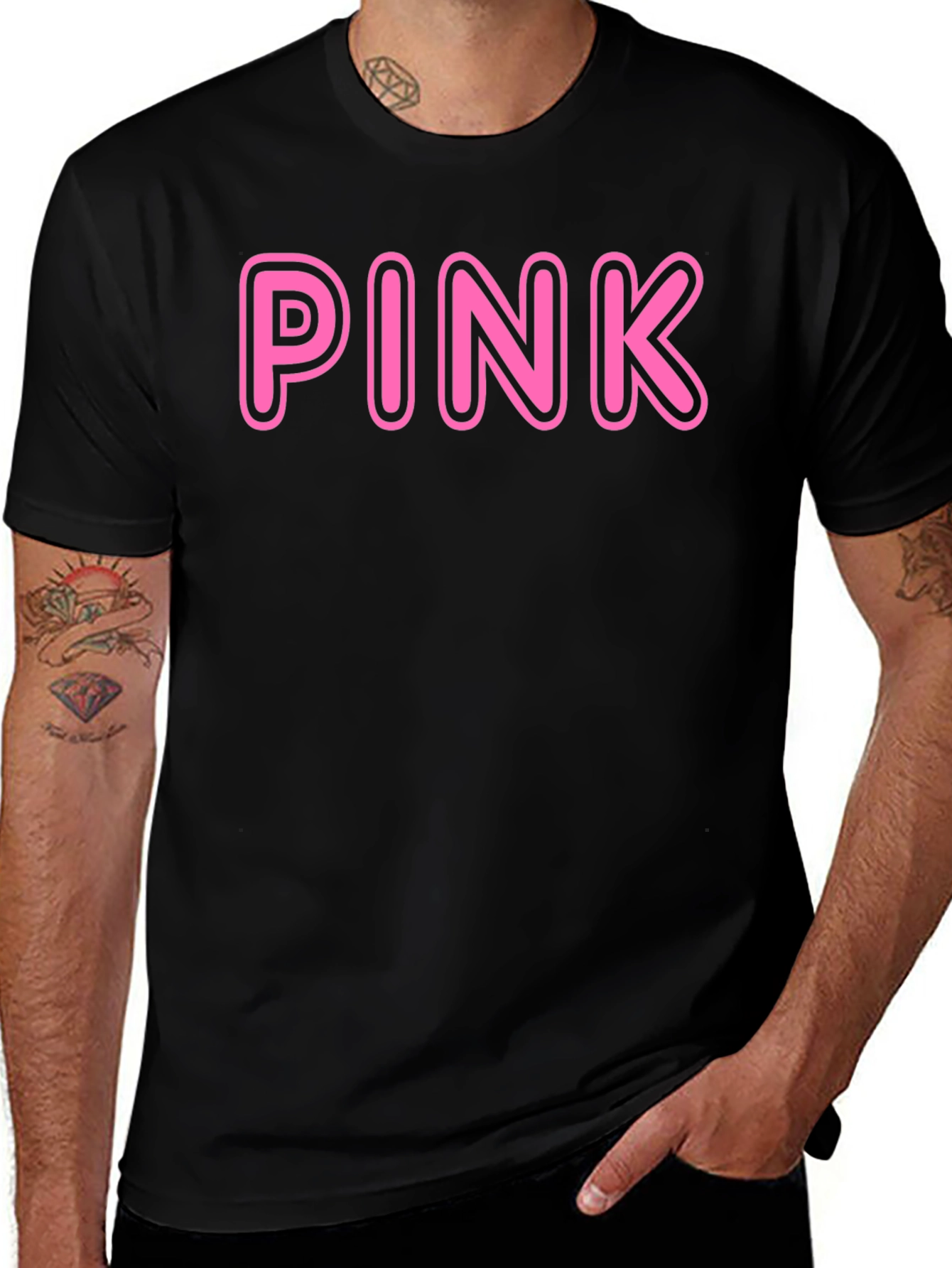 Pink Text Graphic Print Black Casual T-Shirt