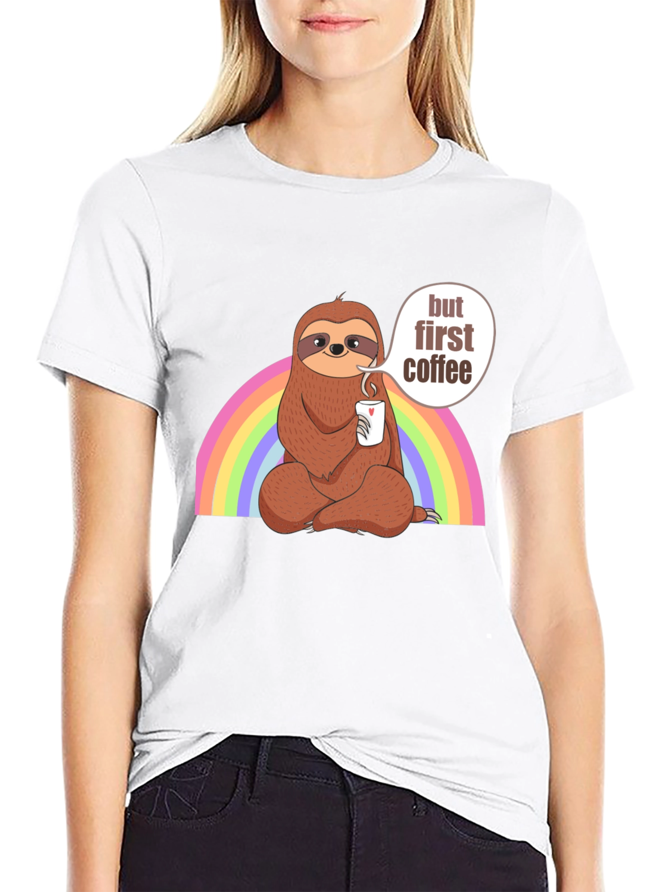 Sloth But First Coffee Black T-Shirt