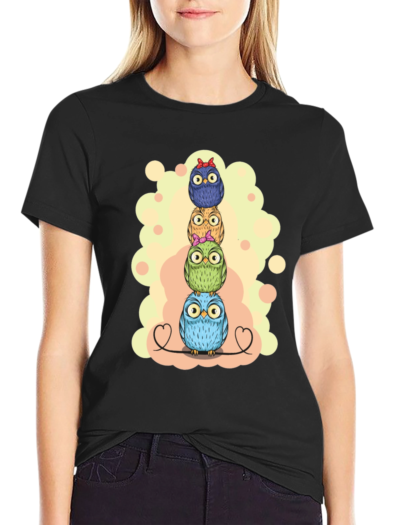 Stacked Owls Graphic Tee - Black Cotton T-Shirt