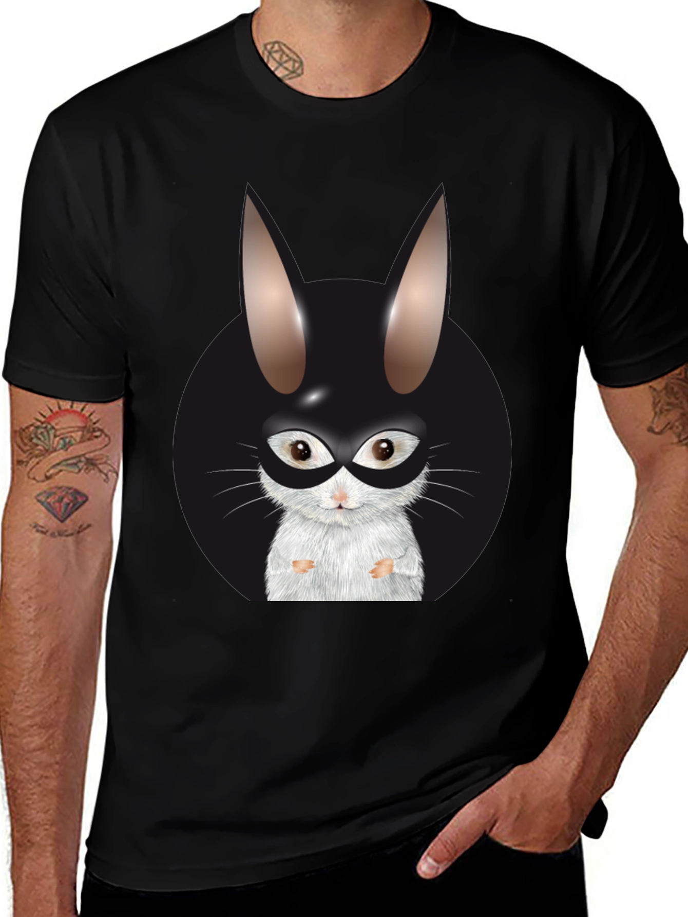 Black T-Shirt with Rabbit Superhero Graphic
