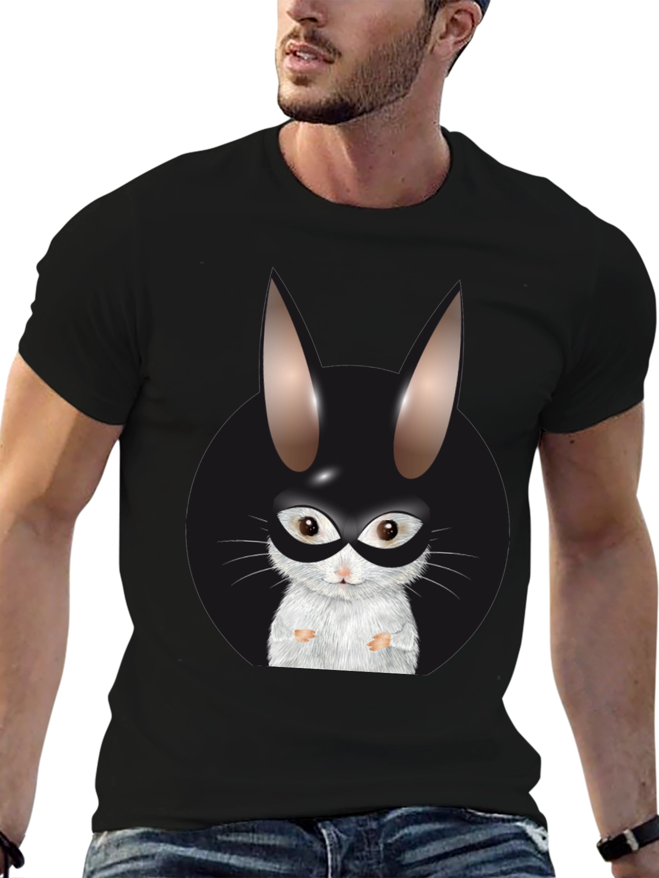 Black T-Shirt with Rabbit Superhero Graphic