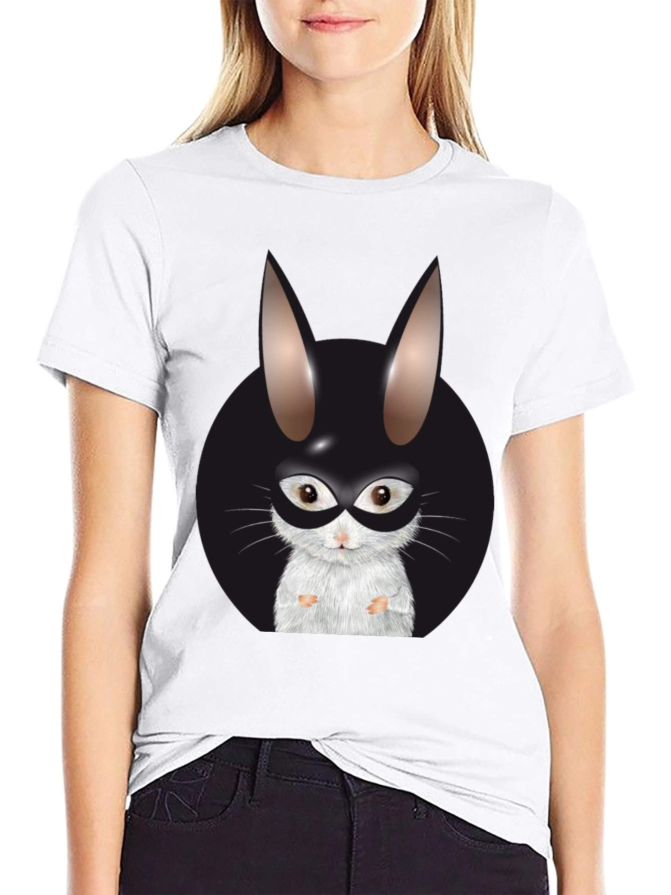 Black T-Shirt with Rabbit Superhero Graphic