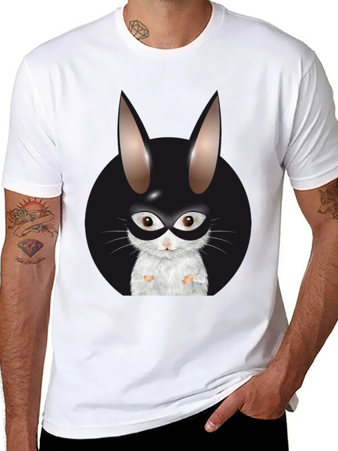Black T-Shirt with Rabbit Superhero Graphic