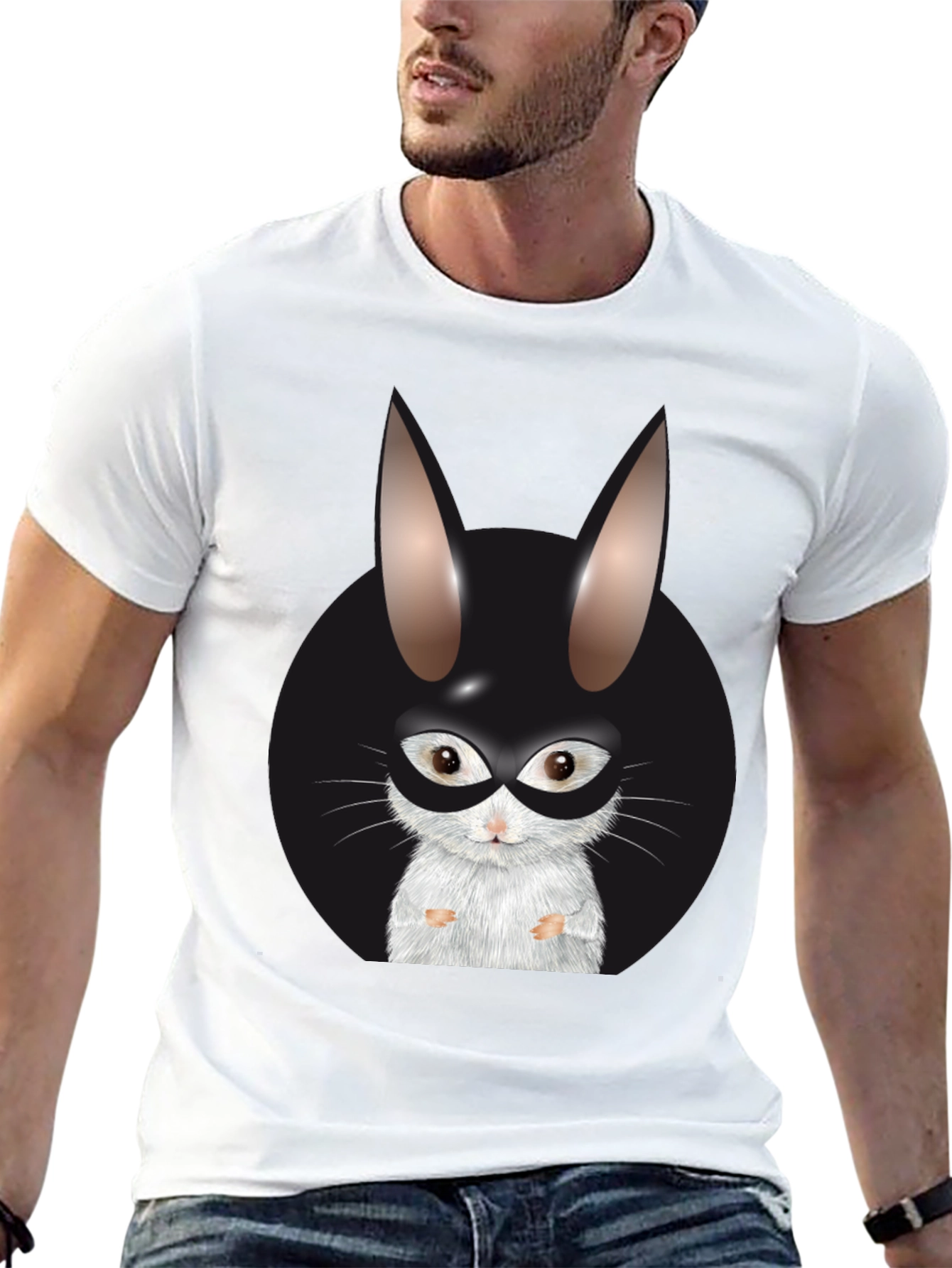 Black T-Shirt with Rabbit Superhero Graphic