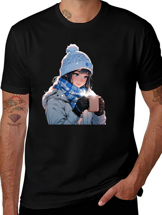 Anime Girl Winter T-Shirt - Cozy Hot Chocolate Design