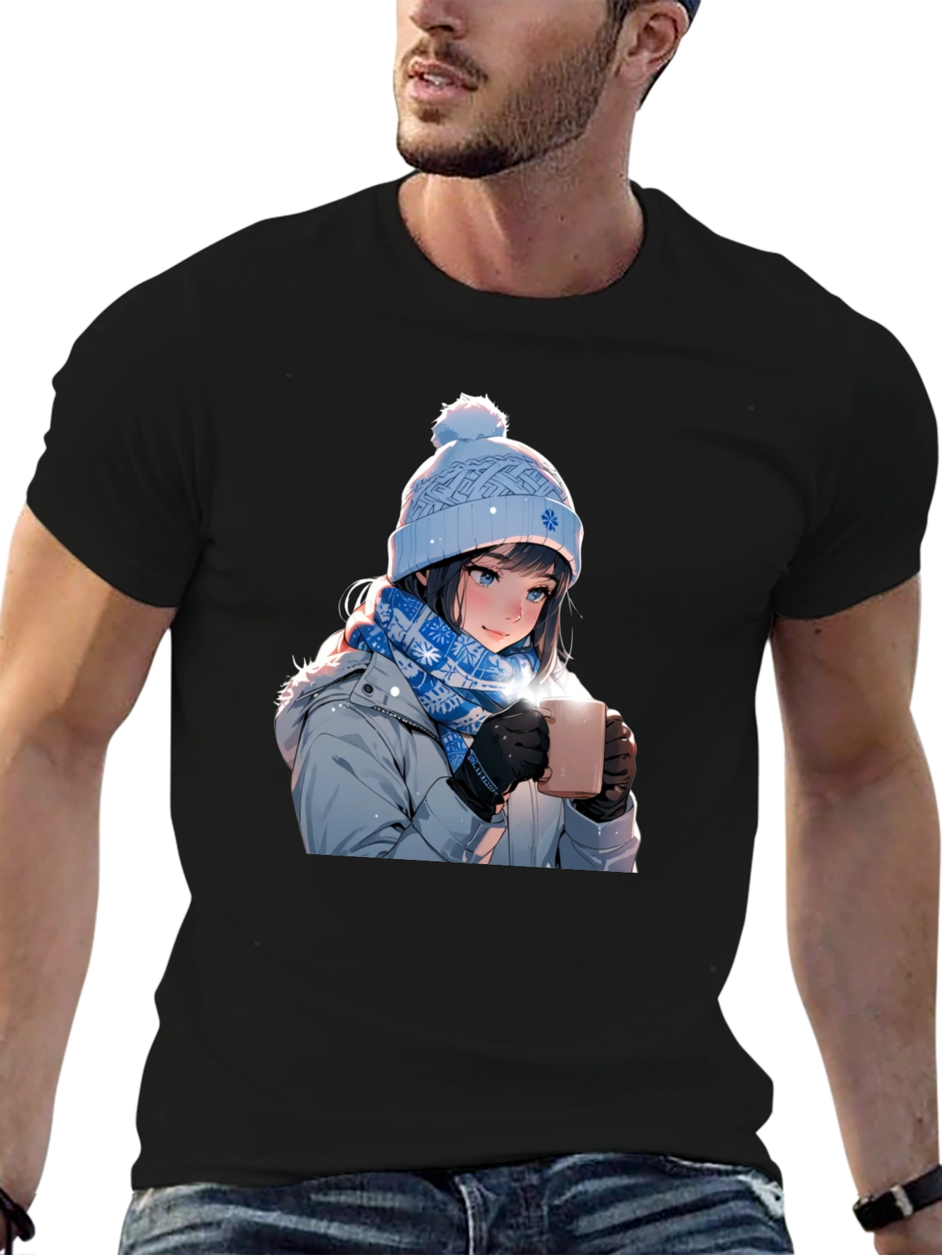 Anime Girl Winter T-Shirt - Cozy Hot Chocolate Design